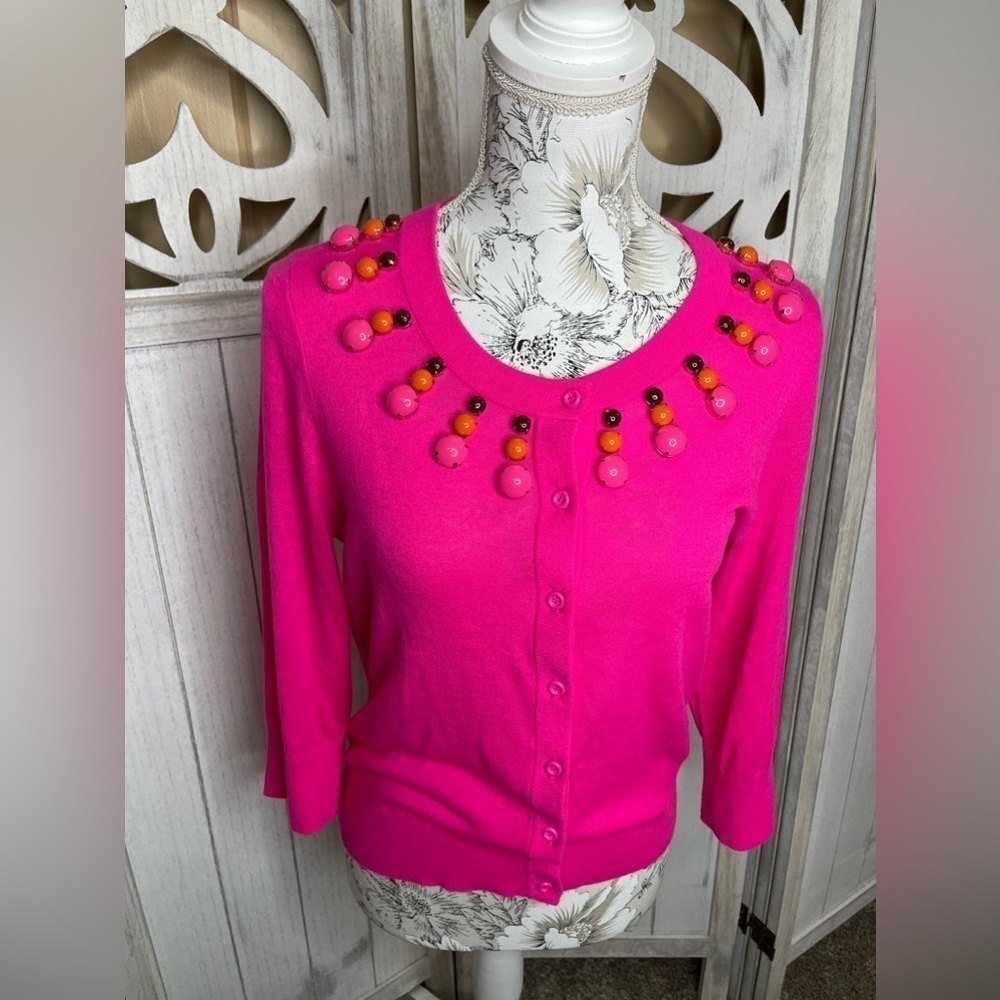 New! Kate Spade Jeweled Neck Long Sleeve Button Cardigan Bright Pink Medium